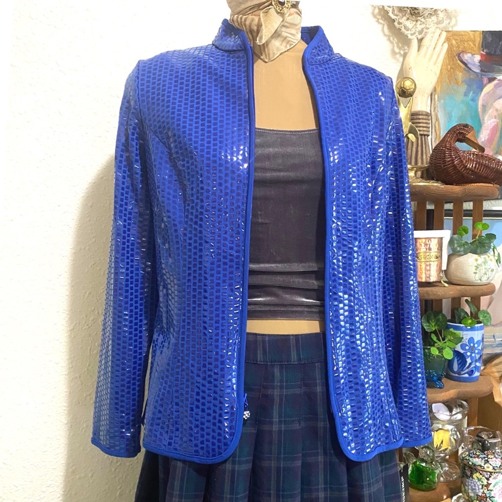 New aDressing Woman vintage Jacket Disco Party M Royal Blue Zip Up rhinestone